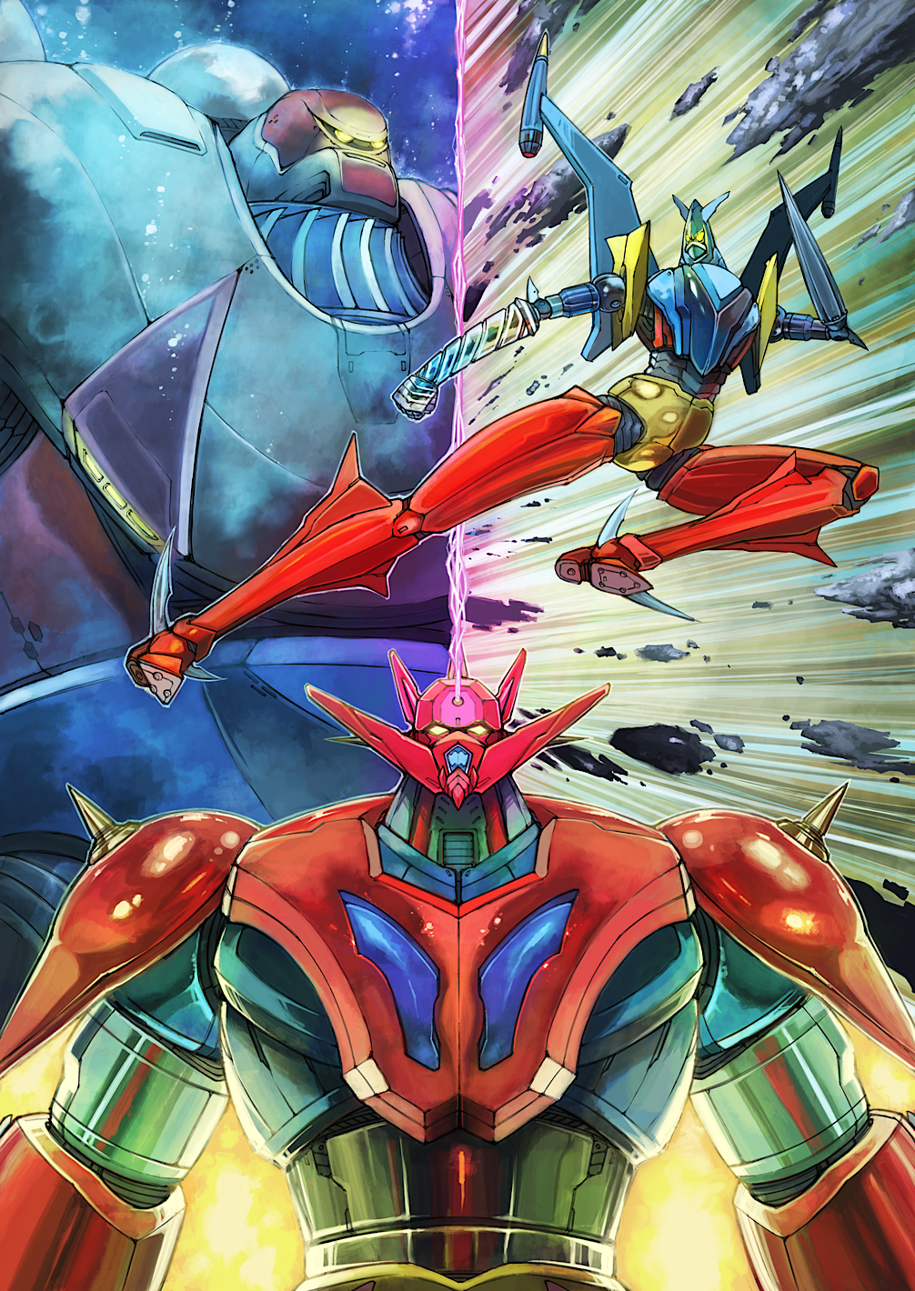 drill energy_beam gattai getter_dragon getter_liger getter_poseidon getter_robo getter_robo_(classic) getter_robo_g highres ishikawa_ken_(character) ishikawa_ken_(style) mecha mecha_focus multiple_robots no_humans robot science_fiction super_robot yamanushi