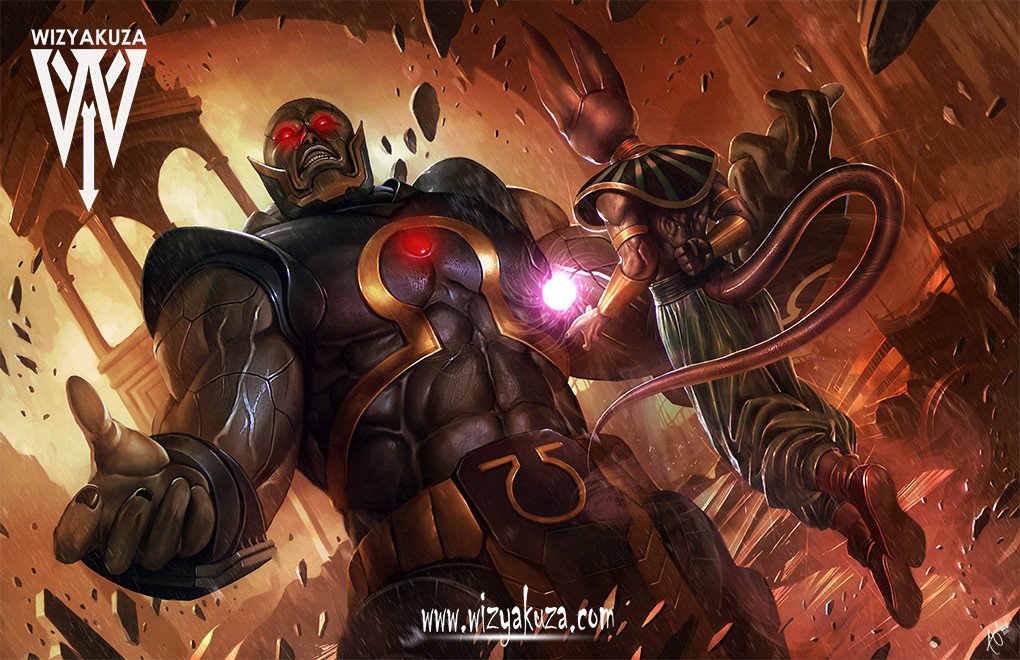 10s 2boys ancient_egyptian_clothes armlet armor artist_name beerus clenched_teeth crossover darkseid dc_comics debris destruction dragon_ball dragon_ball_super dutch_angle energy_ball epic glowing glowing_eyes jewelry justice_league male_focus manly multiple_boys muscular red_eyes signature size_difference tail teeth vambraces watermark web_address wizyakuza