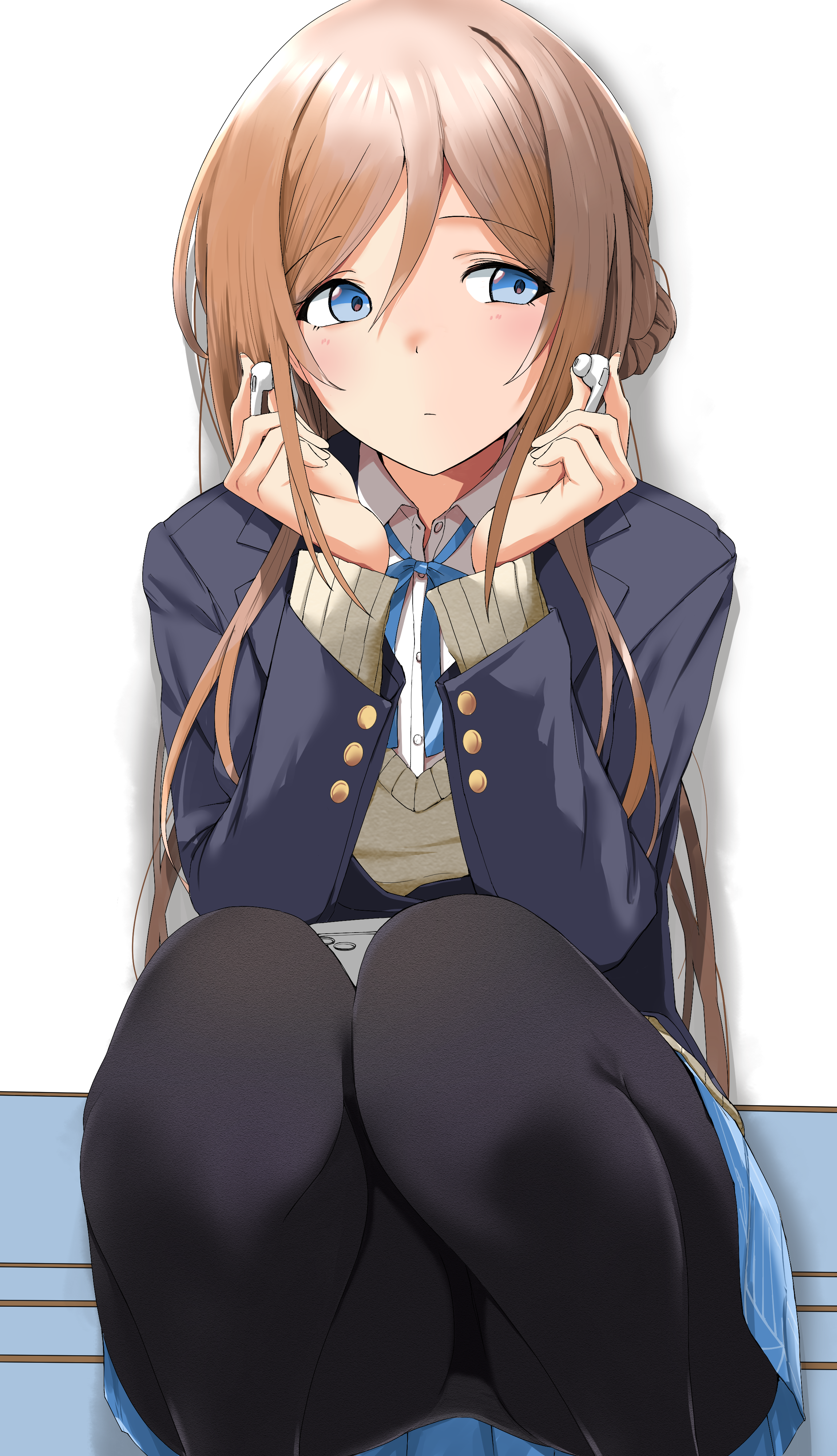 1girl absurdres black_pantyhose blazer blue_eyes blue_jacket blue_ribbon blue_skirt brown_hair cellphone earphones gakuen_idolmaster hatsuboshi_gakuen_school_uniform highres himesaki_rinami holding holding_earphones idolmaster jacket long_hair neck_ribbon p.i.t.d pantyhose phone ribbon school_uniform shirt skirt solo squatting sweater very_long_hair white_shirt wireless_earphones yellow_sweater