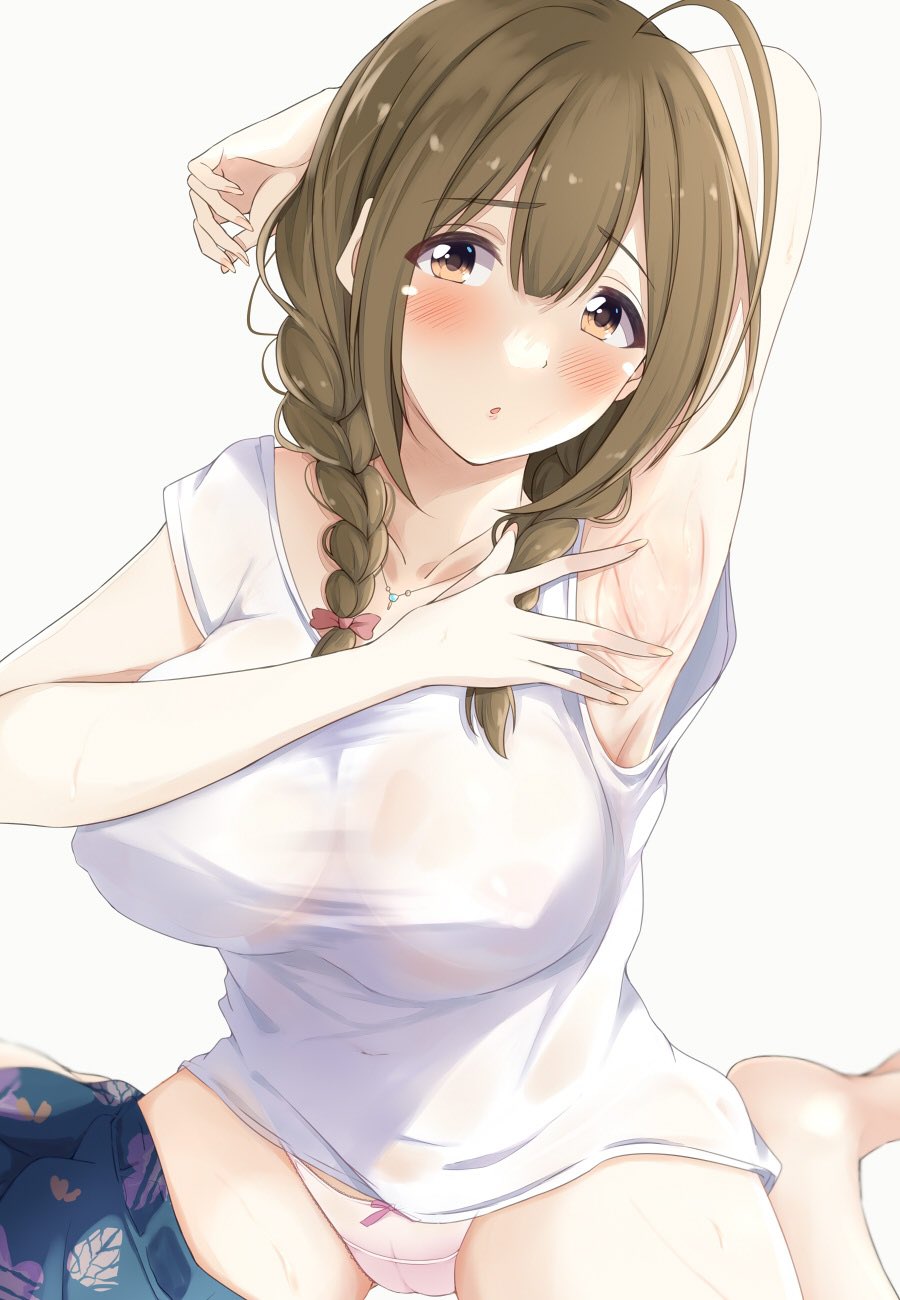1girl ahoge armpits barefoot braid breasts brown_eyes brown_hair collarbone covered_erect_nipples highres hitotsuki_nanoka huge_ahoge idolmaster idolmaster_shiny_colors jewelry kuwayama_chiyuki large_breasts long_hair necklace no_bra panties parted_lips partially_undressed pink_panties see-through_clothes shirt short_sleeves sitting skirt skirt_around_one_leg solo sweat twin_braids underwear wariza white_background white_shirt