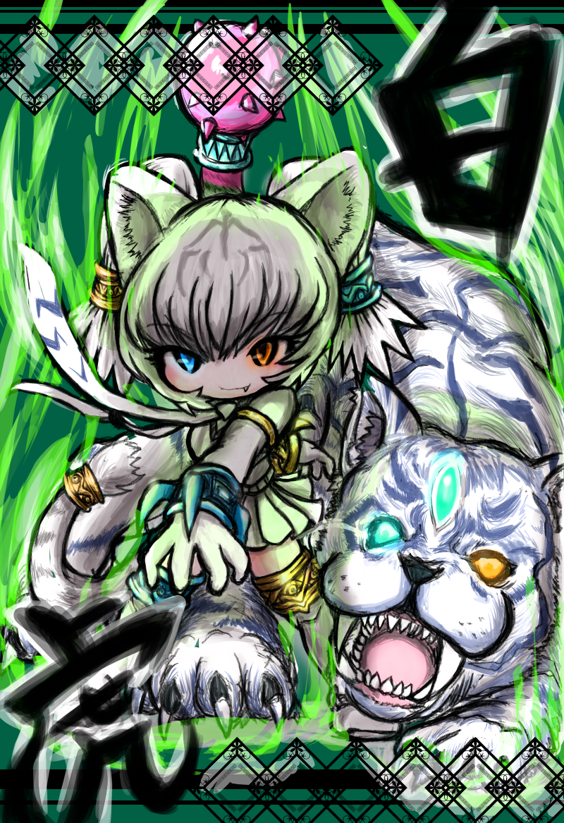 1girl animal_ears blue_eyes byakko_(kemono_friends) character_name claws glowing glowing_eyes heterochromia kemono_friends miniskirt muromachi_(komuromachi) orange_eyes sharp_teeth skirt smile solo tail teeth tiger tiger_ears tiger_girl tiger_tail white_hair white_skirt white_tiger