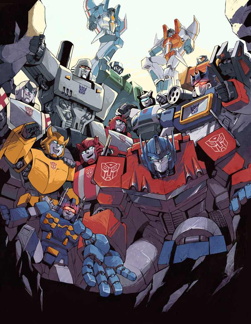 1980s_(style) 2011_tohoku_earthquake_and_tsunami ai-eye autobot bumblebee cliffjumper decepticon devastator_(transformers) frenzy_(transformers) gatling_gun gun ironhide jazz jazz_(autobot) laserbeak mecha megatron no_humans oldschool omega_supreme open_hand open_mouth optimus_prime ratchet_(transformers) retro_artstyle robot rumble_(transformers) science_fiction smile soundwave_(transformers) starscream thundercracker transformers transformers:_generation_1 weapon