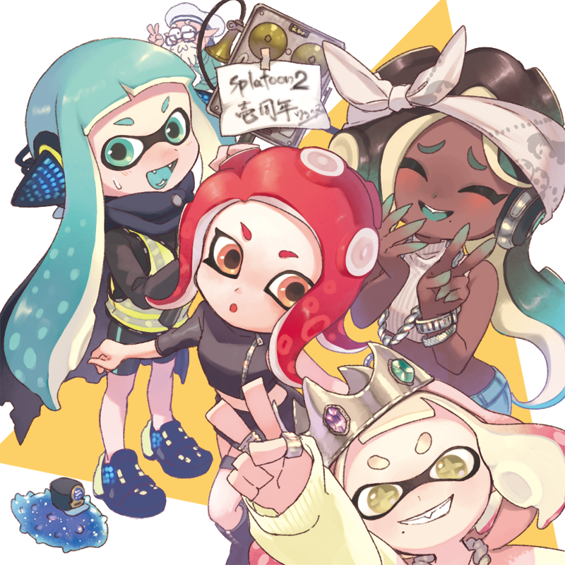 1boy 4girls agent_3_(splatoon) agent_8_(splatoon) aqua_hair bandana bare_shoulders behind-the-head_headphones bike_shorts black_cape black_footwear black_jacket black_shorts black_skirt blonde_hair blue_eyes blue_hair blue_pants blue_tongue blush boots brown_hair c.q._cumber_(splatoon) cap&#039;n_cuttlefish cape closed_eyes colored_extremities colored_tongue commander_tartar commentary_request copyright_name crop_top cropped_sweater cross-shaped_pupils crown dark-skinned_female dark_skin fangs furrowed_brow gradient_hair grin hand_to_own_mouth hand_up headphones high-visibility_clothing high-visibility_vest hood hood_up hoodie inkling jacket jewelry long_hair marina_(splatoon) medium_hair midriff mole mole_under_mouth multicolored_hair multiple_girls multiple_rings nichaku nintendo octoling open_mouth orange_eyes pants parted_bangs pearl_(splatoon) pink_hair pink_hoodie red_hair ring sea_cucumber shorts single_sleeve skirt sleeveless sleeveless_turtleneck smile splatoon_(series) splatoon_2 splatoon_2:_octo_expansion standing sweat sweater symbol-shaped_pupils tentacle_hair thigh_strap tilted_headwear torn_cape torn_clothes turtleneck two-tone_hair v watch white_bandana white_sweater wristwatch yellow_eyes zipper zipper_pull_tab