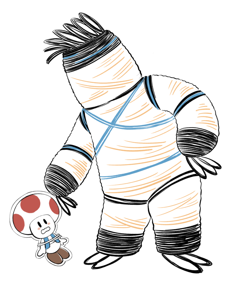 black_eyes blue_vest blush_stickers bound brown_shoes commentary_request dama8457 flustered mario_(series) nintendo no_humans open_clothes open_mouth open_vest outline paper paper_mario paper_mario:_the_origami_king rubber_band rubber_band_(paper_mario) shoes simple_background solid_oval_eyes standing tied_up_(nonsexual) toad_(mario) vest wavy_mouth white_background white_outline