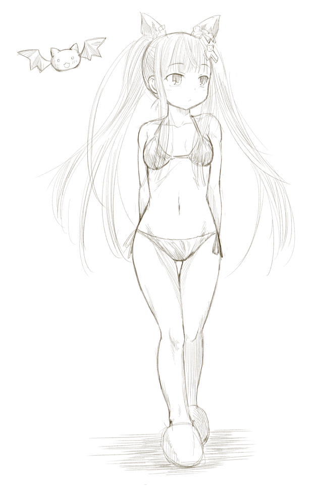 1girl arms_behind_back bat_(animal) bikini breasts character_request female_focus full_body greyscale hair_ornament kasuga_yukihito long_hair monochrome navel side-tie_bikini_bottom small_breasts solo swimsuit thigh_gap twintails