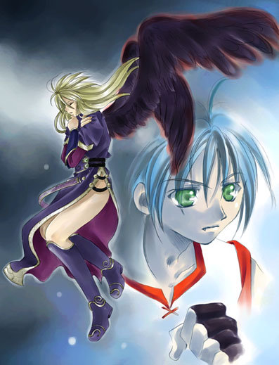 1boy 1girl angel_wings bare_legs black_wings blonde_hair blue_dress blue_hair boots breath_of_fire breath_of_fire_ii capcom crossed_arms dress green_eyes knee_boots legs long_legs nina_(breath_of_fire_ii) nino_(nino_imo) ryu_(breath_of_fire_ii) side_slit thighs wings