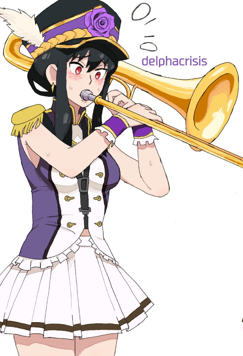 1girl black_hair black_hat blush breasts delpha_crisis earrings epaulettes flower flying_sweatdrops hat hat_feather hat_flower holding holding_instrument instrument jewelry long_hair marching_band medium_breasts music nervous playing_instrument purple_shirt red_eyes shirt skirt sleeveless sleeveless_shirt spy_x_family standing sweat trombone white_background white_skirt wristband yor_briar