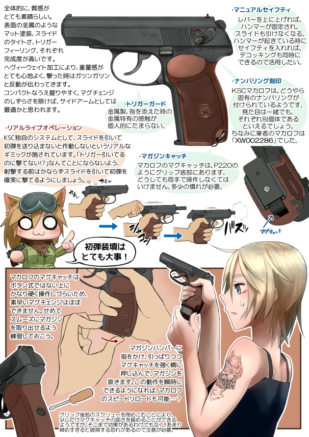 2girls airsoft_gun airsoft_review_illustrated animal_ears arsenal_ad blonde_hair blue_eyes breasts chibi cold_war diagram didloaded ernst_thaelmann gun handgun information_sheet iron_sights izhevsk_mechanical_plant izhmekh japanese_text kalashnikov_concern makarov_pm multiple_girls norinco_(firearms_manufacturer) original pistol pocket_pistol screwdriver sidearm tattoo text_focus toy_gun translation_request weapon weapon_focus weapon_profile