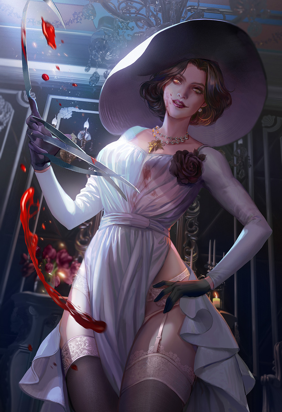 1girl alcina_dimitrescu black_gloves black_hair black_thighhighs blood blood_on_clothes blood_on_face breasts candle chandelier commentary cowboy_shot dress dutch_angle earrings english_commentary fan_yang_(jiuge) flower framed_image frilled_dress frills garter_straps gloves hand_on_own_hip hat highres indoors jewelry knife lace lace-trimmed_legwear lace_trim large_hat lingerie long_sleeves looking_at_viewer mature_female necklace panties parted_lips red_lips resident_evil resident_evil_village shadow short_hair solo sparkle thighhighs underwear white_dress white_hat white_panties white_sleeves yellow_eyes