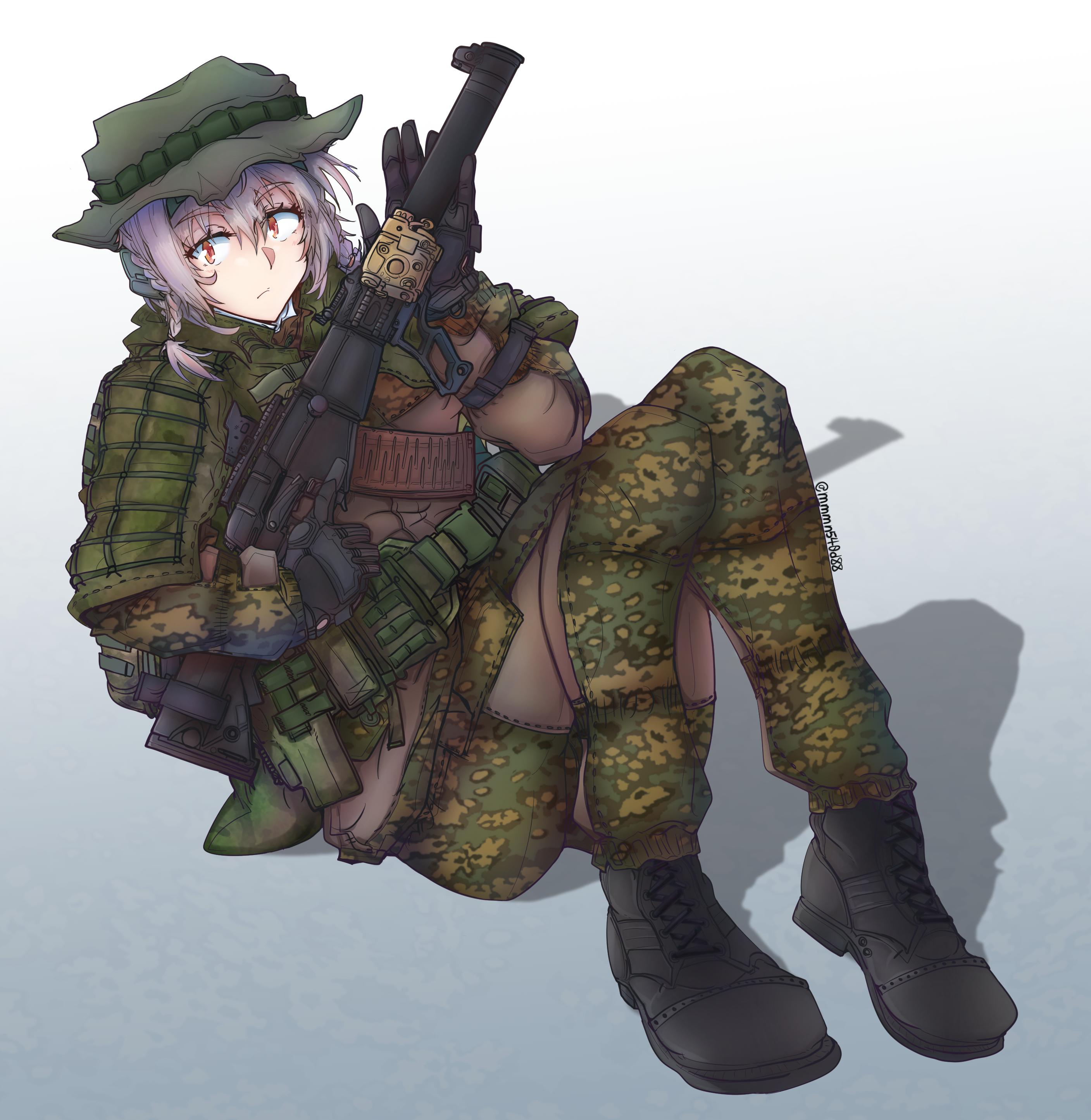 1girl absurdres ammunition_pouch artist_name as_val assault_rifle belt boots braided_pigtails camouflage camouflage_jacket camouflage_pants escape_from_tarkov gloves gun hat highres holding holding_gun holding_weapon jacket kalashnikov_rifle military military_hat military_uniform mmmn540d88 original pants pouch red_eyes rifle shadow silver_hair trigger_discipline two-tone_background weapon