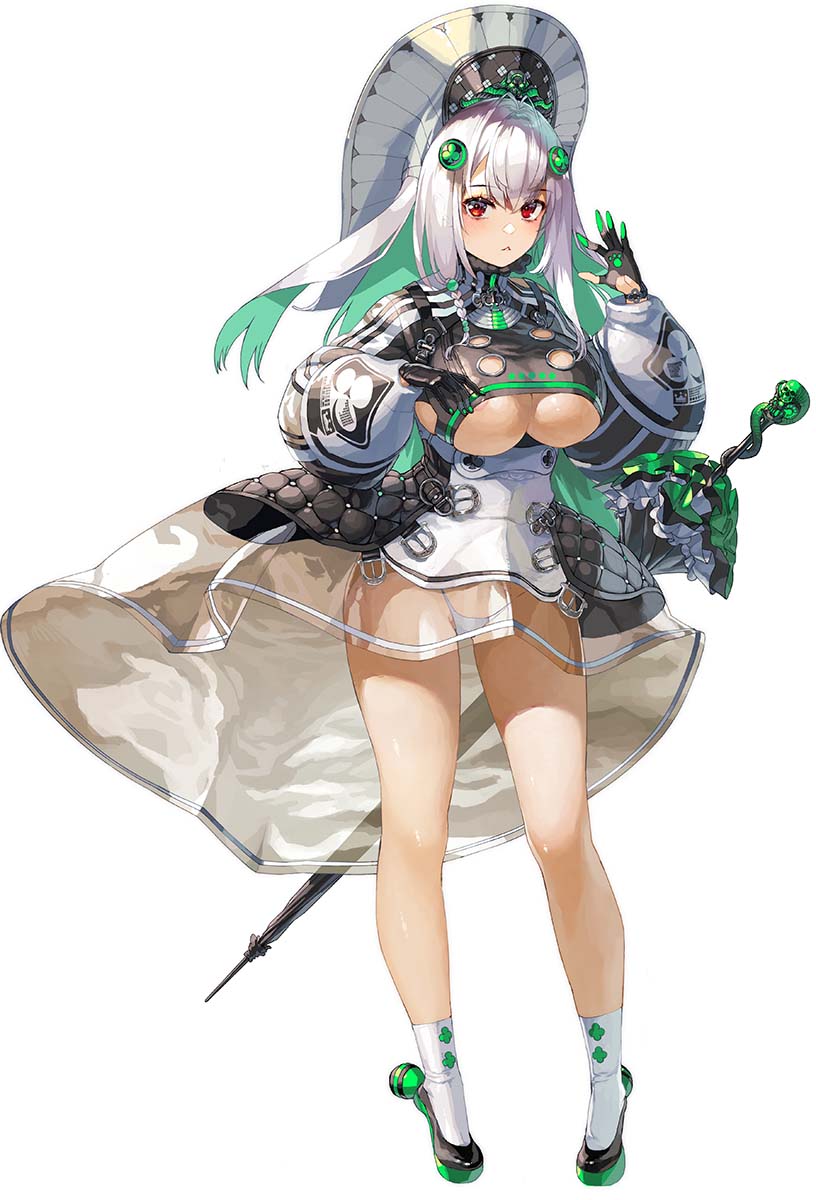 1girl armor armored_dress breasts clothing_cutout dress full_body green_hair hair_between_eyes hair_ornament headdress highleg highleg_panties highres large_breasts long_sleeves looking_at_viewer multicolored_hair nishii_(damnedrive) original panties parasol parted_lips puffy_long_sleeves puffy_sleeves red_eyes see-through_clothes see-through_skirt simple_background skirt socks solo triangle_mouth two-tone_hair umbrella underboob underboob_cutout underwear white_hair white_panties white_socks