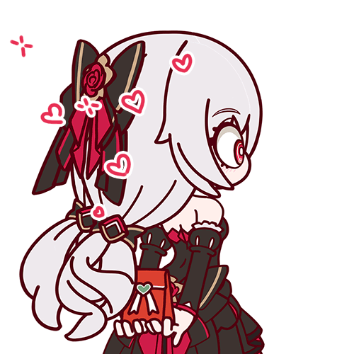 1girl animated animated_gif bare_shoulders black_bow black_dress bow breasts detached_sleeves dress from_behind gift grey_hair hair_bow heart holding holding_behind_back holding_gift honkai_(series) honkai_impact_3rd long_hair looking_ahead looping_animation lowres luna_(honkai_impact) medium_breasts red_eyes simple_background solo transparent_background xixi_fei