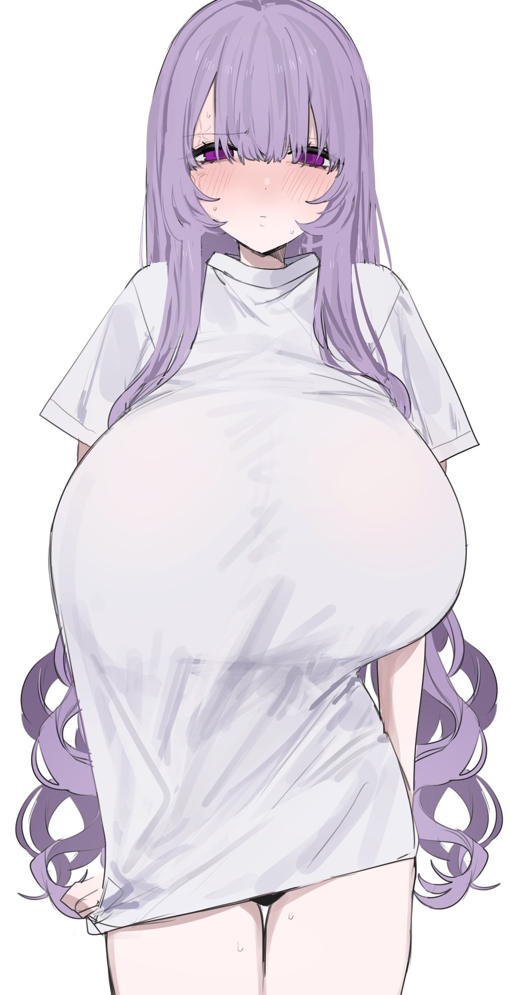 1girl anger_vein angry blush breasts closed_mouth commentary_request cowboy_shot embarrassed eurasia_(wtp09ptw14) flipped_sidelocks francoise_(eurasia) highres huge_breasts long_hair looking_at_viewer original pulling_own_clothes purple_eyes purple_hair shirt short_sleeves simple_background solo standing very_long_hair white_background white_shirt