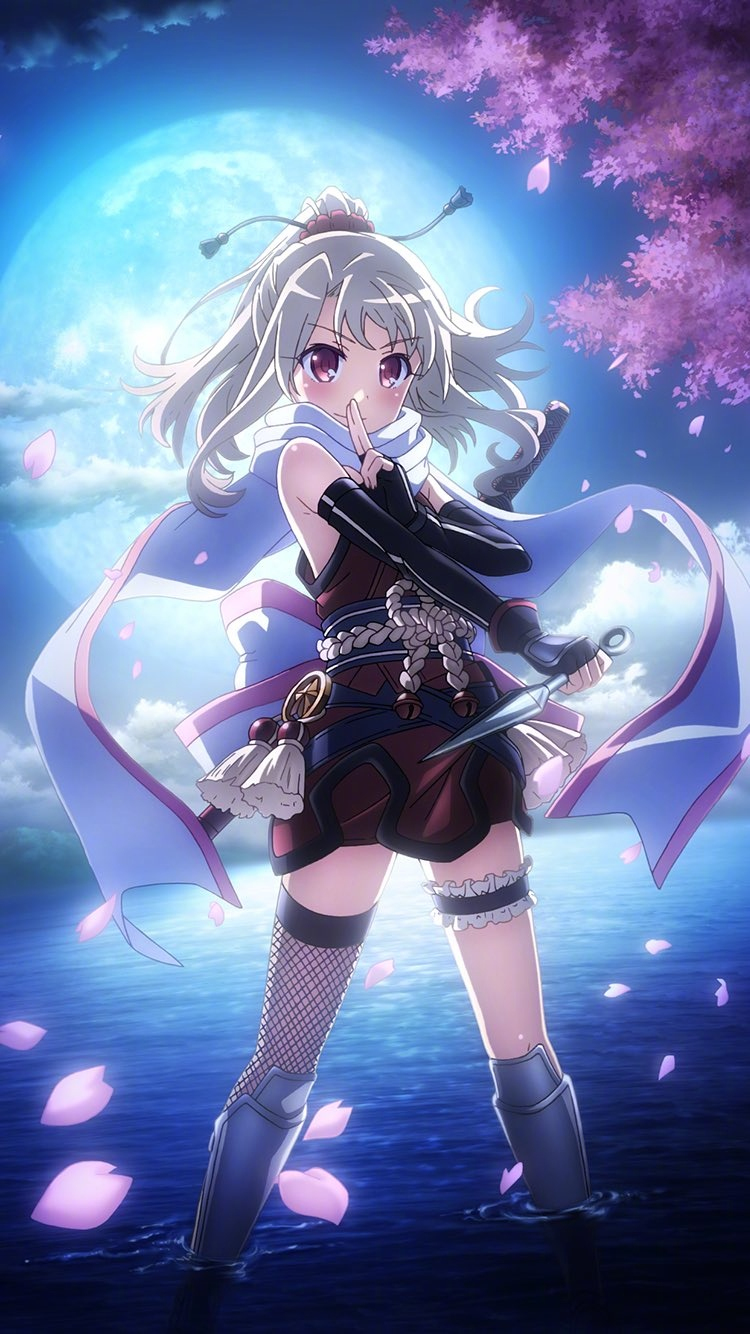 1girl blonde_hair breasts child colored_skin falling_petals fate/kaleid_liner_prisma_illya fate_(series) feet_in_water female_focus finger_to_face finger_to_mouth fingerless_gloves gloves highres huge_moon illyasviel_von_einzbern knife kunai lake long_hair moon night ninja official_art petals ponytail red_eyes sakura sakura_tree shushing small_breasts smile solo standing vignetting weapon white_skin
