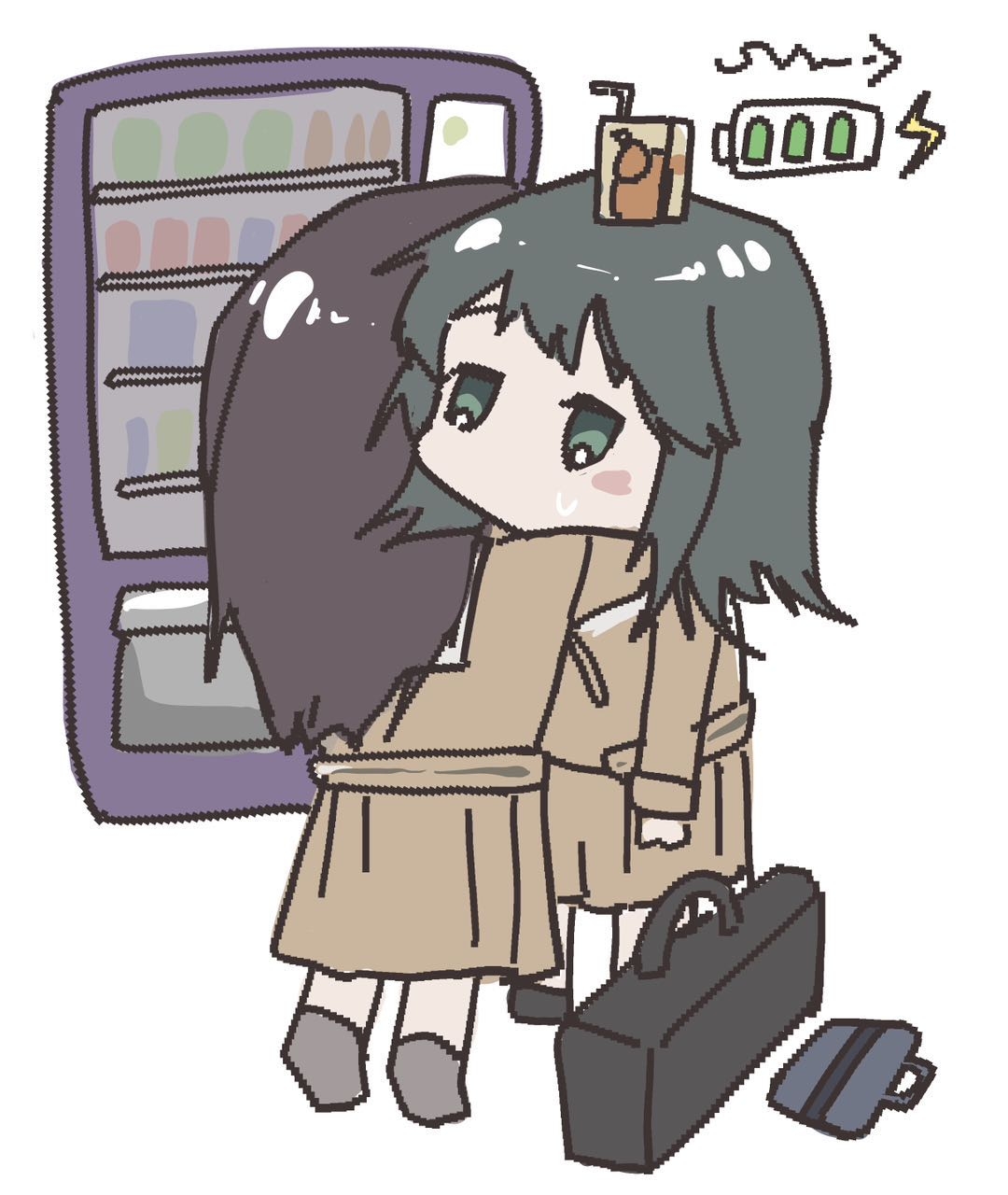 2girls bang_dream! bang_dream!_it&#039;s_mygo!!!!! black_hair carton chinese_commentary commentary_request dress green_eyes guitar_case hanasakigawa_school_uniform hero45439083942 highres instrument_case long_hair long_sleeves medium_hair multiple_girls pleated_dress recharging sailor_dress school_uniform shiina_taki simple_background sweatdrop vending_machine white_background yahata_umiri yuri