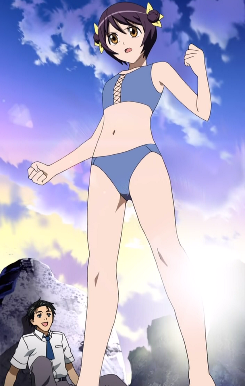 00s 1boy 1girl anime_screenshot belt bikini black_eyes black_hair clenched_hand clenched_hands cloud double_bun fishnets flat_chest hair_bun hair_ribbon highres himawari himawari! hinata_himawari hyuuga_himawari legs marikoji_hayato marikouji_hayato navel necktie ninja open_mouth orange_eyes purple_hair ribbon school_uniform serafuku short_hair sky square-end_necktie stitched sun swimsuit tankini third-party_edit