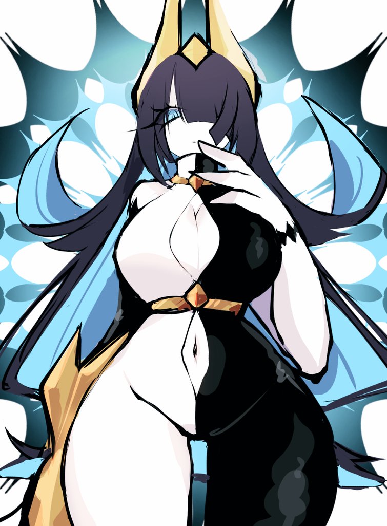 alternate_costume alternate_hairstyle black_hair blue_eyes blue_hair breasts cleavage cleavage_cutout clothing_cutout friday_night_funkin&#039; hair_ornament high_collar breasts large_breasts long_hair looking_at_viewer multicolored_hair navel navel_cutout nikusa_(sugarrito) one_eye_covered thick_thighs thighhighs thighs usa37107692 wide_hips