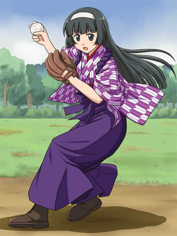 1girl baseball baseball_glove bashamichi black_eyes black_hair boots female_focus hairband hakama hakama_skirt japanese_clothes lielos long_hair meiji_schoolgirl_uniform original skirt solo souya_yuki taishou_era taishou_yakyuu_musume yagasuri