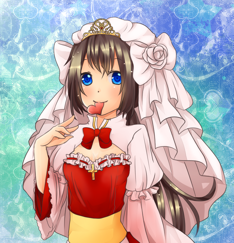1girl arch_bishop_(ragnarok_online) blue_background blue_eyes blush bow bowtie breasts bridal_veil brown_hair cleavage_cutout closed_mouth clothing_cutout commentary_request cross dress flower heart heart_in_mouth long_hair looking_at_viewer low_ponytail medium_breasts meiko_(nattu303) ponytail ragnarok_online red_bow red_bowtie red_dress ribbon-trimmed_dress ribbon_trim rose sash smile solo tiara two-tone_dress upper_body veil white_bow white_dress white_flower white_rose yellow_sash