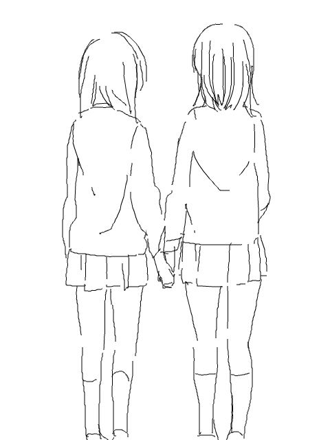 2girls arms_at_sides couple facing_away feet_out_of_frame from_behind greyscale heel_up holding_hands jaggy_lines kneehighs long_sleeves medium_hair minimalism miniskirt monochrome multiple_girls namori oekaki original pleated_skirt school_uniform simple_background sketch skirt socks standing straight_hair tegaki walking white_background yuri