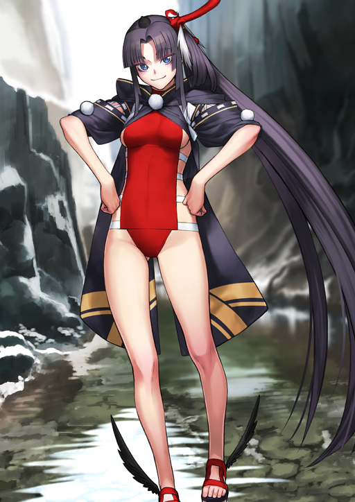 1girl ankle_wings bare_legs black_hair black_hat black_jacket blue_eyes breasts closed_mouth curtained_hair eyeshadow fate/grand_order fate_(series) foot_out_of_frame gluteal_fold groin hands_on_own_hips hat highleg highleg_one-piece_swimsuit hood hood_down hooded_jacket jacket long_hair long_sidelocks looking_at_viewer makeup mask mask_on_head medium_breasts mini_hat no_socks official_art one-piece_swimsuit platform_sandals pom_pom_(clothes) red_eyeshadow red_one-piece_swimsuit red_sandals sakamoto_mineji sandals side_ponytail sideboob sideless_outfit sideless_swimsuit sidelocks smile solo standing swimsuit tasuki tate_eboshi tengu_mask third-party_source toes ushiwakamaru_(fate) ushiwakamaru_(fate/grand_order) ushiwakamaru_(swimsuit_assassin)_(fate) ushiwakamaru_(swimsuit_assassin)_(third_ascension)_(fate) variant_set very_long_hair wings