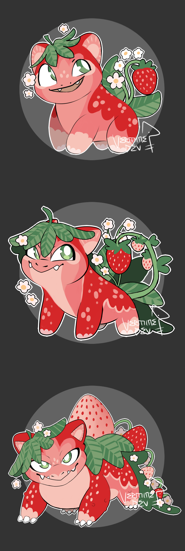 adoptable animal_focus bright_pupils bulbasaur claws commentary english_commentary fangs fighting_stance flower food food-themed_creature fruit gen_1_pokemon green_eyes highres ivysaur leaf leaf_on_head nintendo no_humans plant pokemon pokemon_(creature) signature strawberry venusaur verminedev vines white_flower white_pupils