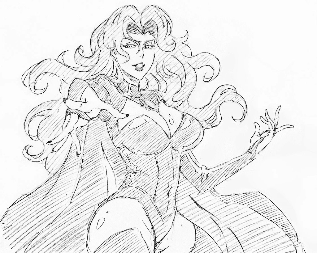 1girl black_cape black_leotard breasts cape cleavage contrapposto fingerless_gloves foreshortening gloves goblin_queen kubo_tite_(style) large_breasts leotard long_hair madelyne_pryor marvel rakusakugk x-men x-men:_the_animated_series