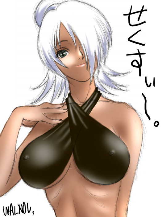 1girl bare_shoulders blue_eyes breasts covered_erect_nipples dark-skinned_female dark_skin female_focus gender_request genderswap genderswap_(mtf) gundam halterneck large_breasts laura_rolla loran_cehack narrow_waist nipples simple_background smile solo turn_a_gundam walnov white_background white_hair