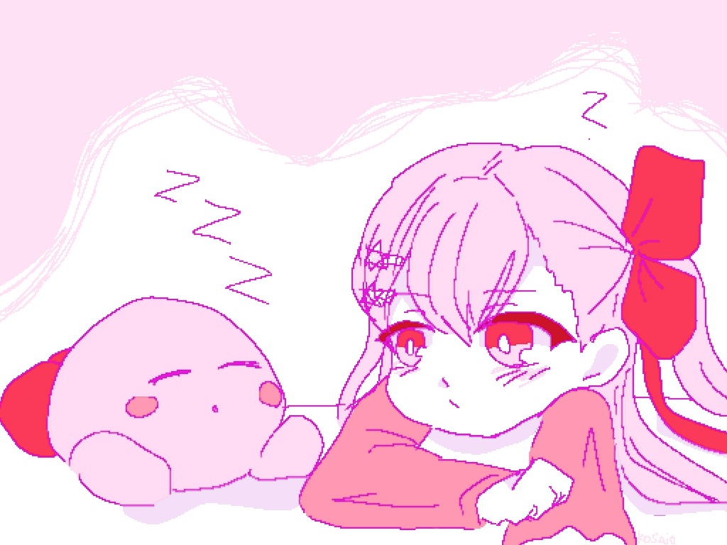 1girl :/ :o aged_down aiokosaio asymmetrical_bangs blush blush_stickers bow bright_pupils child closed_eyes closed_mouth color_connection commentary creature crossover expressionless girls&#039;_frontline hair_bow hair_ornament hairclip hexagram jaggy_lines kirby kirby_(series) long_hair long_sleeves looking_at_another monochrome negev_(girls&#039;_frontline) nintendo on_table one_side_up parted_lips pink_theme simple_background sketch sleeping star_(symbol) star_hair_ornament star_of_david table two-tone_background zzz