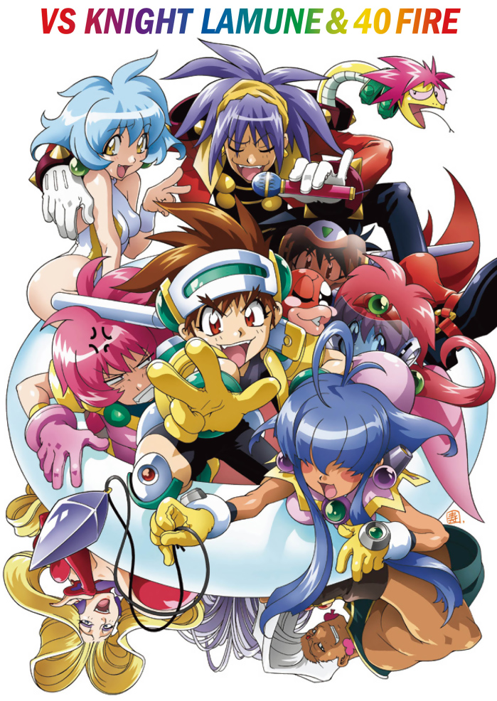 1990s_(style) 4boys 5girls arara_milk baba_lamune baba_lemonade blonde_hair blush breasts brown_hair cacao_(lamune) closed_eyes da_cider drum_(lamune) earrings gloves heavy_meta-ko jewelry kotobuki_tsukasa lips long_hair long_sleeves medium_breasts multiple_boys multiple_girls nail_polish narcisst_dandy ng_knight_lamune_&amp;_40 one_eye_closed parfait_(lamune) pheromone_lip pink_hair pq_(lamune) rainbow_text red_eyes red_hair retro_artstyle short_hair simple_background tan v vs_knight_lamune_&amp;_40_fire wink yellow_eyes