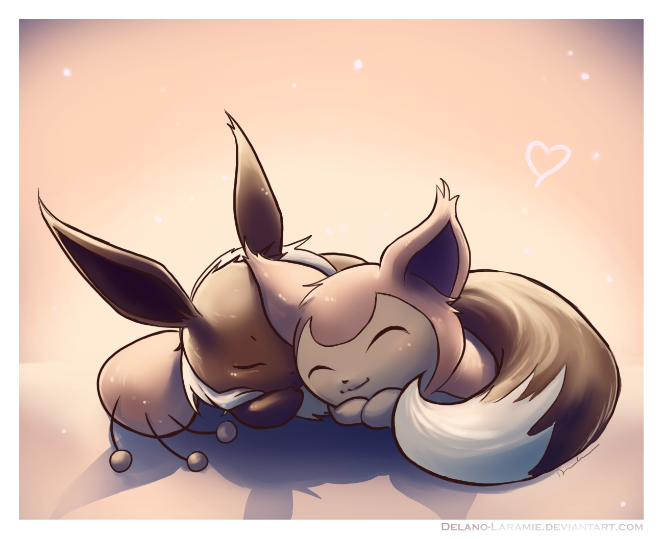 cat closed_eyes closed_mouth creature delano-laramie eevee gen_1_pokemon gen_3_pokemon happy heart lying nintendo no_humans on_stomach pokemon pokemon_(creature) sepia_background skitty sleeping smile watermark web_address