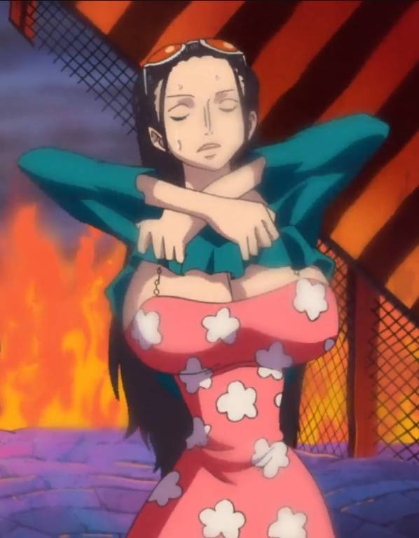 1girl anime_screenshot black_hair breasts closed_eyes eyewear_on_head female_pervert floral_print glasses large_breasts long_hair mature_female nico_robin nico_robin_(punk_hazard) one_piece pervert sexually_suggestive solo sunglasses sweat undressing