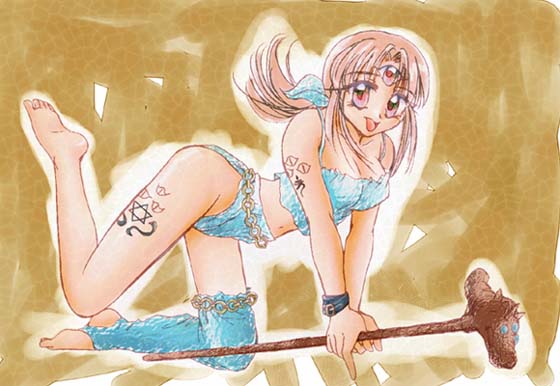 3x3_eyes brown_hair parvati red_eyes ribbon staff tattoo