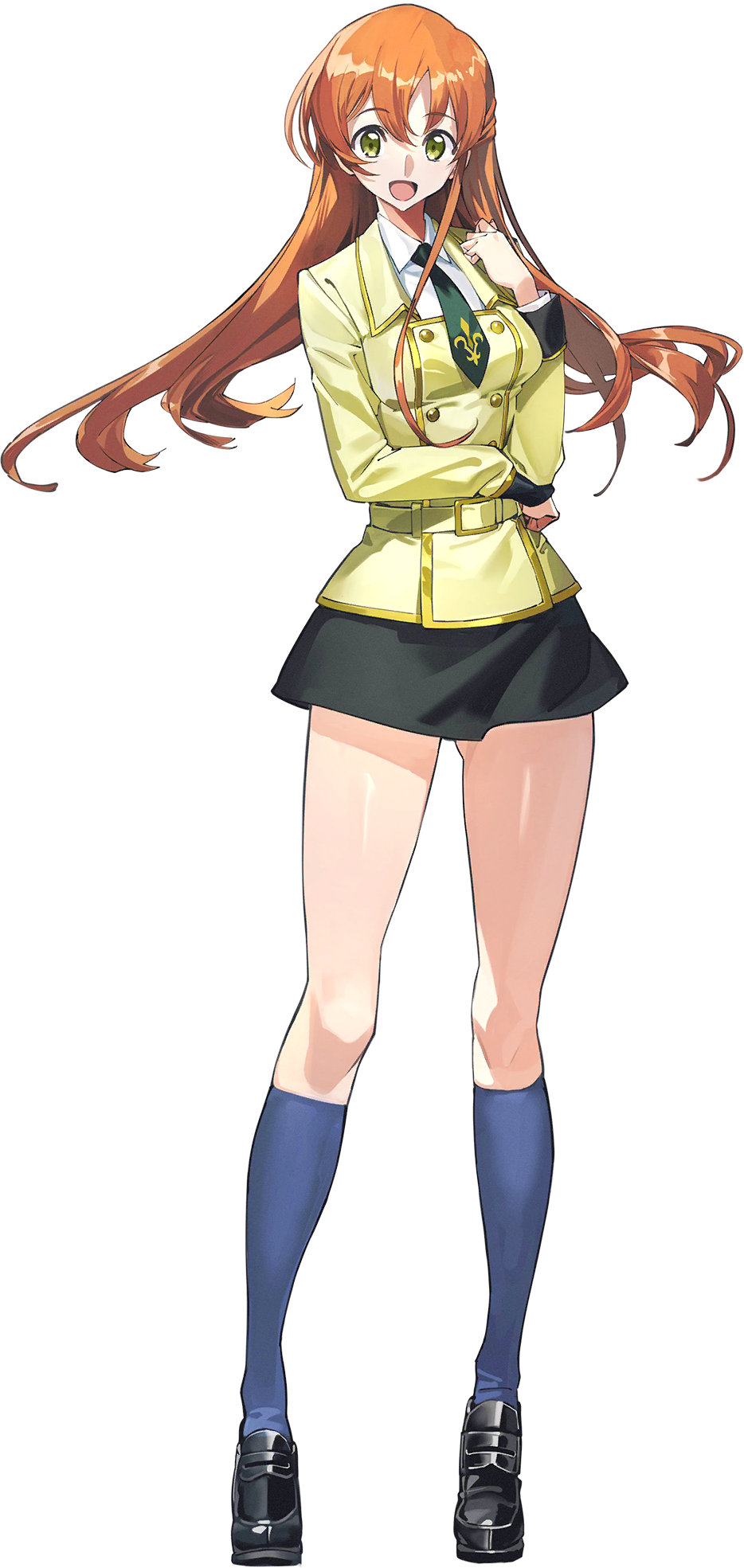 1girl ashford_academy_school_uniform black_skirt blue_socks breasts cloth code_geass code_geass:_genesic_re;code collared_shirt full_body green_necktie hair_between_eyes hand_up happy highres jacket kneehighs layered_sleeves long_hair long_sleeves looking_at_viewer medium_breasts miniskirt necktie official_art open_mouth orange_hair pencil_skirt school_uniform shirley_fenette shirt sidelocks sitting skirt smile socks solo transparent_background white_shirt yellow_eyes yellow_jacket