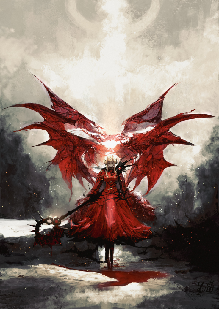 1girl ai-assisted angry axe aymr_(fire_emblem) blood breasts brown_sky cape commentary_request dragon_wings dress edelgard_von_hresvelg edelgard_von_hresvelg_(hegemon_husk) edelgard_von_hresvelg_(timeskip) fire_emblem fire_emblem:_three_houses full_body hair_up holding holding_axe horns kero_sweet medium_breasts mixed-language_commentary muted_color nintendo outdoors pool_of_blood red_cape red_dress serious sidelocks solo wings