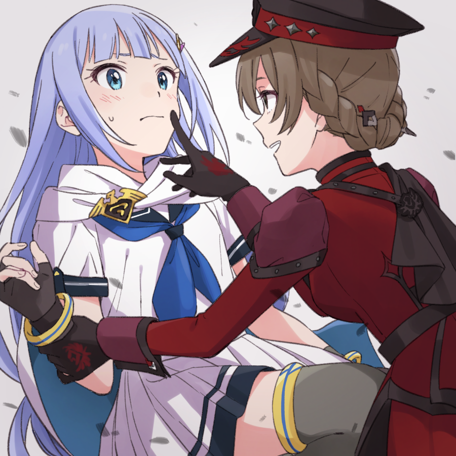 2girls black_gloves black_headwear blue_eyes blue_hair blue_neckerchief blush bracelet braid breasts cloak demirinz dress fingerless_gloves gloves green_eyes grey_background grey_thighhighs hair_ornament hat holding_hands idol_heroes_(idolmaster) idolmaster idolmaster_million_live! idolmaster_million_live!_theater_days index_finger_raised jewelry large_breasts light_blue_hair light_brown_hair long_hair long_sleeves looking_at_another medium_breasts mighty_sailor multiple_girls neckerchief open_mouth pleated_skirt purple_wrist_cuffs red_dress sakuramori_kaori shiraishi_tsumugi shirt short_hair short_sleeves simple_background skirt smile sweatdrop thighhighs very_long_hair white_cloak white_shirt white_skirt wrist_cuffs