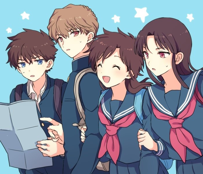 2boys 2girls akiyoshi_(tama-pete) backpack bag black_bag blonde_hair blue_background blue_bag blue_eyes brown_hair closed_eyes floating_hair hakuba_saguru holding holding_another&#039;s_arm holding_map koizumi_akako kuroba_kaito long_hair long_sleeves looking_at_another magic_kaito map multiple_boys multiple_girls nakamori_aoko open_mouth orange_eyes parted_bangs pleated_skirt pointing red_bag red_eyes sailor_collar sailor_shirt school_uniform shirt short_hair side_part skirt star_(symbol) sweatdrop