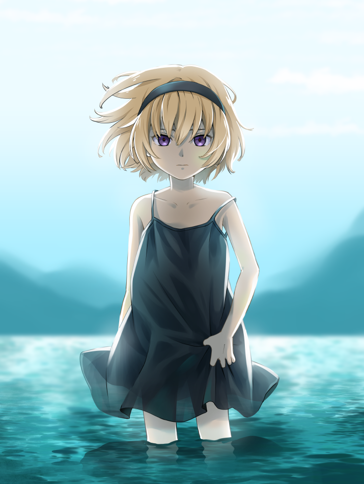 1girl black_dress blonde_hair blurry blurry_background chigayasan closed_mouth collarbone commentary_request dress expressionless hairband higurashi_no_naku_koro_ni houjou_satoko looking_at_viewer outdoors purple_eyes see-through_clothes see-through_dress short_hair solo wading