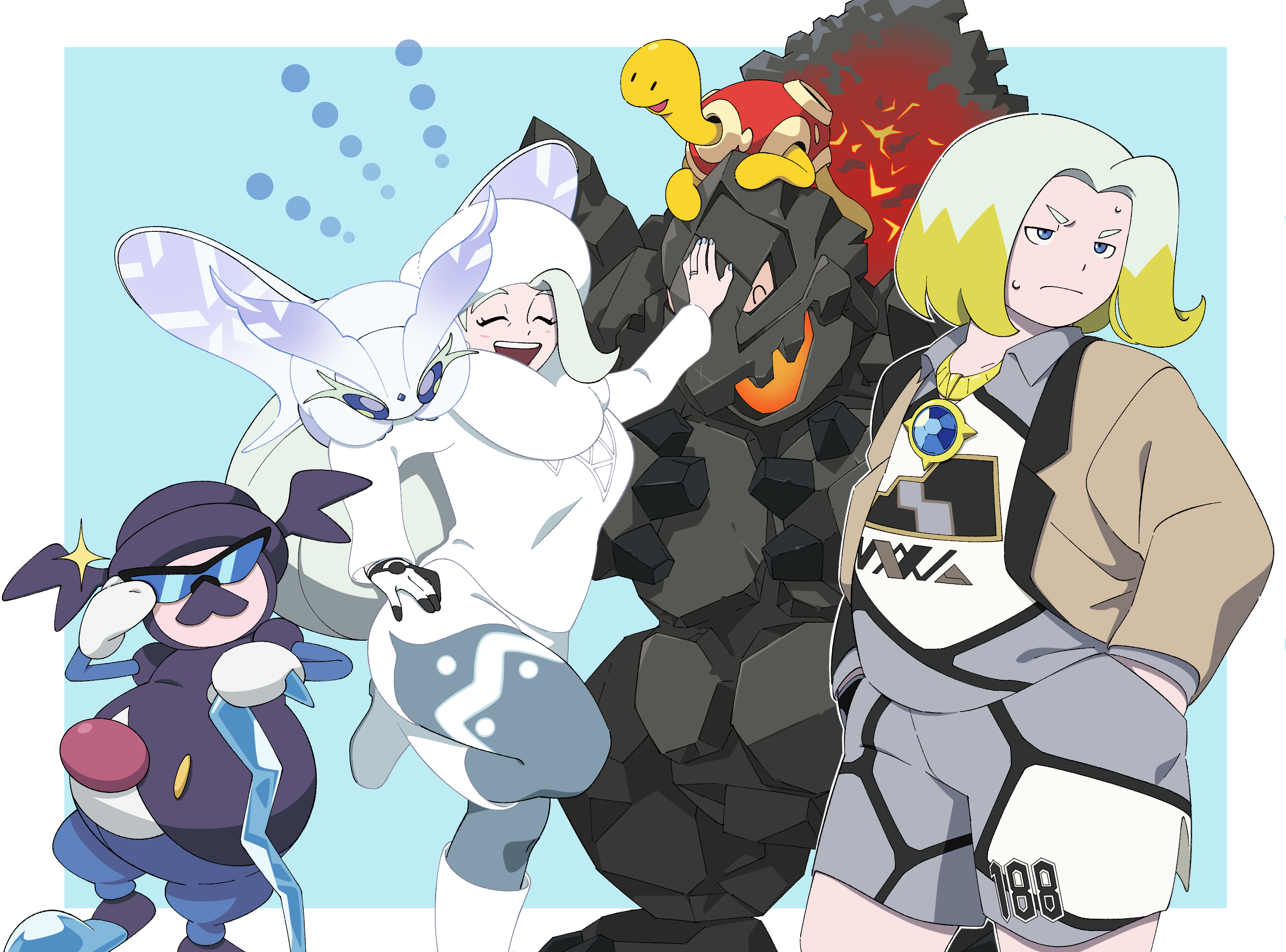 1boy 1girl :d blue_eyes boots brown_jacket closed_eyes coalossal collared_shirt commentary_request frosmoth gen_2_pokemon gen_8_pokemon gloves gordie_(pokemon) hat highres jacket jewelry leg_up long_hair luaudrey melony_(pokemon) mother_and_son mr._rime multicolored_hair necklace nintendo open_mouth pantyhose pantyhose_under_shorts pokemon pokemon_(creature) pokemon_swsh scarf shirt shorts shuckle single_glove smile sweat sweater teeth two-tone_hair upper_teeth_only white_footwear white_headwear white_scarf white_sweater