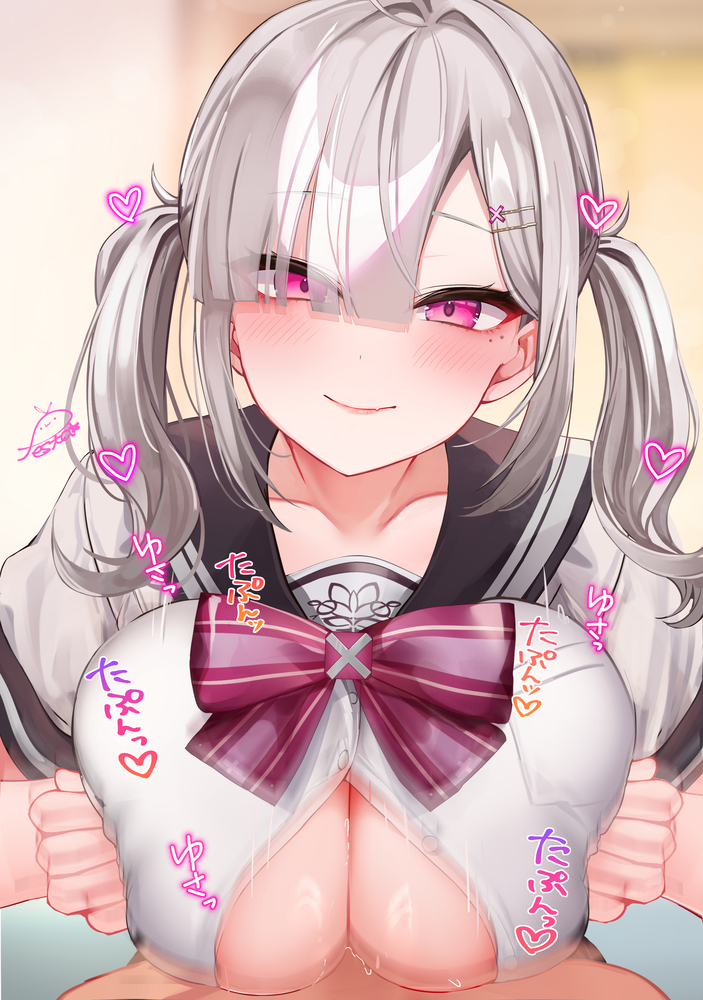1boy 1girl blush bow bowtie breasts brown_sailor_collar cleavage closed_mouth collarbone commentary_request festa11307070 grey_hair grey_serafuku heart large_breasts long_hair looking_at_viewer nijisanji paizuri pink_bow pink_bowtie pink_eyes sailor_collar school_uniform serafuku short_sleeves smile solo_focus sukoya_kana sukoya_kana_(3rd_costume) translation_request twintails virtual_youtuber