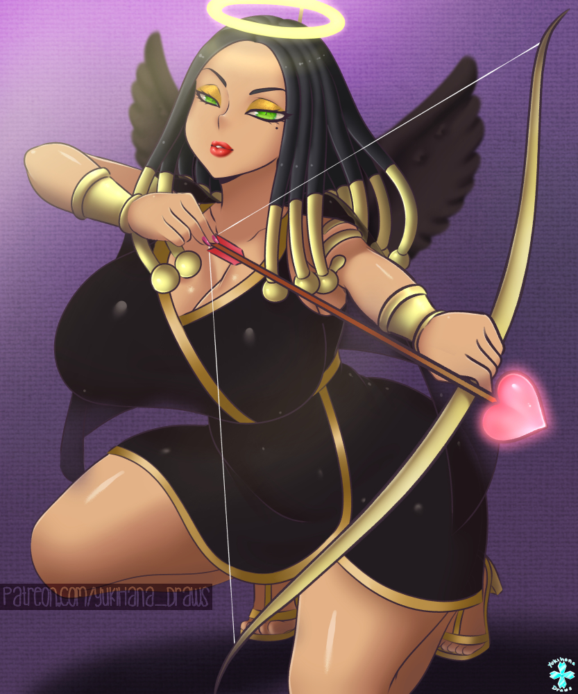 1girl alternate_costume ancient_egyptian angel angel_wings armband arrow_(projectile) black_dress black_hair black_wings bow bracer breasts cleavage curvy dark-skinned_female dark_skin dragon_ball dragon_ball_super dress eyelashes eyeshadow fallen_angel fingernails green_eyes halloween halloween_costume halo heart heart_arrow helles huge_breasts kneeling large_breasts lips lipstick long_hair makeup miniskirt mole mole_under_eye nail_polish pink_nails red_lips revision sandals skirt solo that-girl-whodraws thick_lips thick_thighs thighs toes wings yukihana_draws