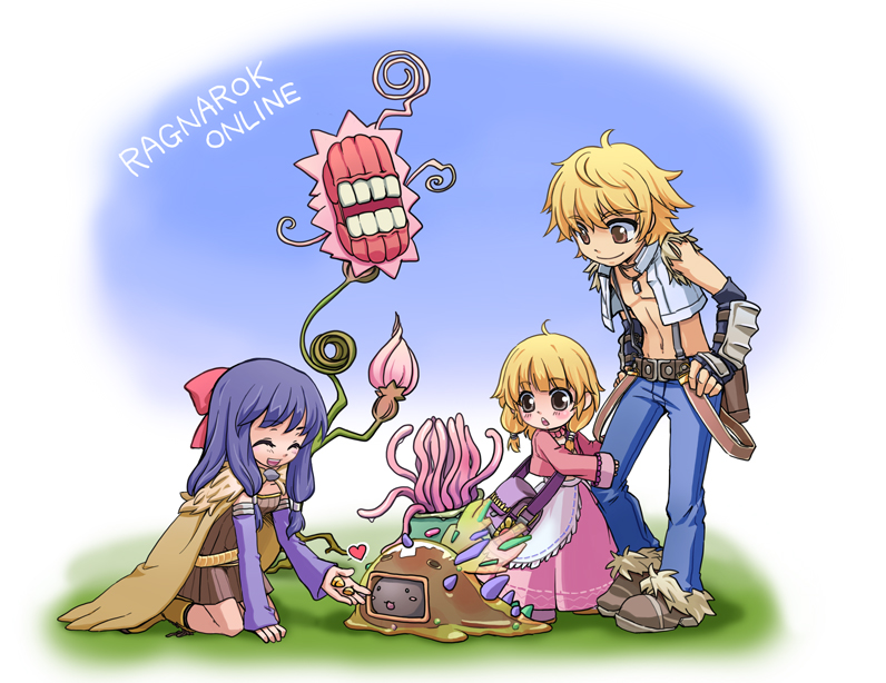 1boy 2girls alchemist_(ragnarok_online) belt belt_pouch black_belt black_gloves blonde_hair blue_hair blue_pants bow brown_cape brown_dress brown_eyes cape closed_eyes closed_mouth commentary_request copyright_name crop_top detached_sleeves dress fingerless_gloves flora_(ragnarok_online) flower full_body fur-trimmed_pants fur-trimmed_shirt fur_collar fur_trim gloves hair_bow heart hydra_(ragnarok_online) jacket long_hair long_sleeves looking_at_another merchant_(ragnarok_online) multiple_girls navel open_clothes open_mouth open_shirt pants pink_flower pink_jacket pink_skirt pouch purple_sleeves ragnarok_online red_bow shirt shoes short_hair skirt sleeveless sleeveless_shirt slime_(creature) smile suspenders vambraces vanilmirth_(ragnarok_online) white_shirt whitesmith_(ragnarok_online) yuru4u