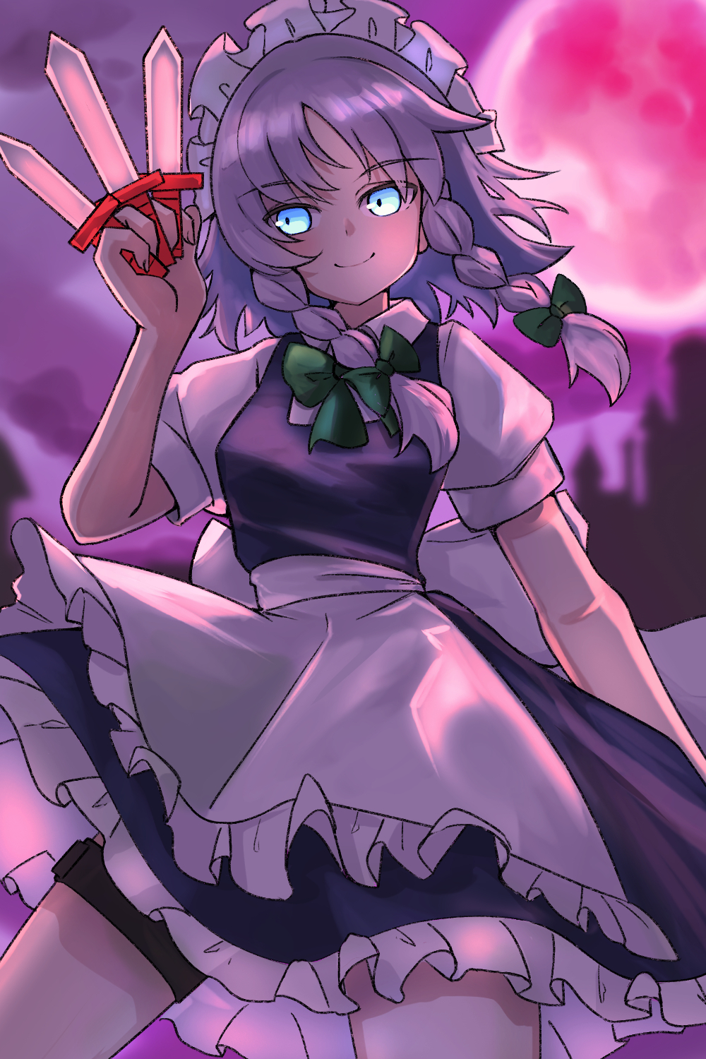 1girl apron between_fingers blue_eyes bow bowtie braid closed_mouth full_moon green_bow green_bowtie grey_hair hair_bow highres holding holding_knife izayoi_sakuya knife knives_between_fingers long_hair looking_at_viewer maid maid_apron maid_headdress moon red_moon short_sleeves smile solo thigh_strap touhou twin_braids waist_apron white_apron yuuka_(a0240765)