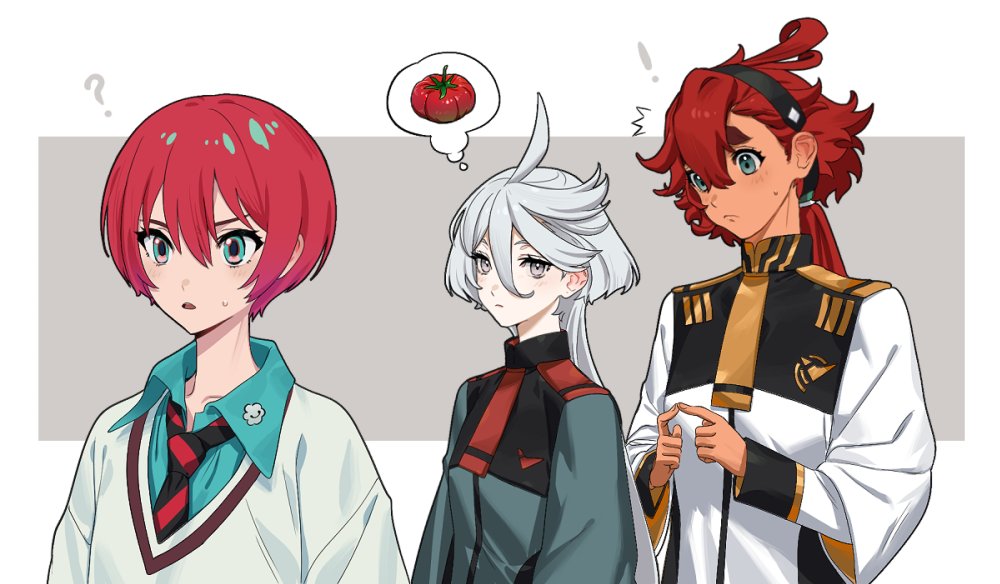 ! 3girls ? ahoge amate_yuzuriha asticassia_school_uniform baesong blazer border color_connection commentary_request female_focus green_eyes grey_background grey_eyes gundam gundam_gquuuuuux gundam_suisei_no_majo hair_color_connection hairband in-franchise_crossover jacket korean_commentary long_hair long_sleeves miorine_rembran multiple_girls necktie notice_lines ponytail red_hair school_uniform short_hair simple_background speech_bubble spoken_food suletta_mercury thought_bubble tomato trait_connection twiddling_fingers white_border white_hair