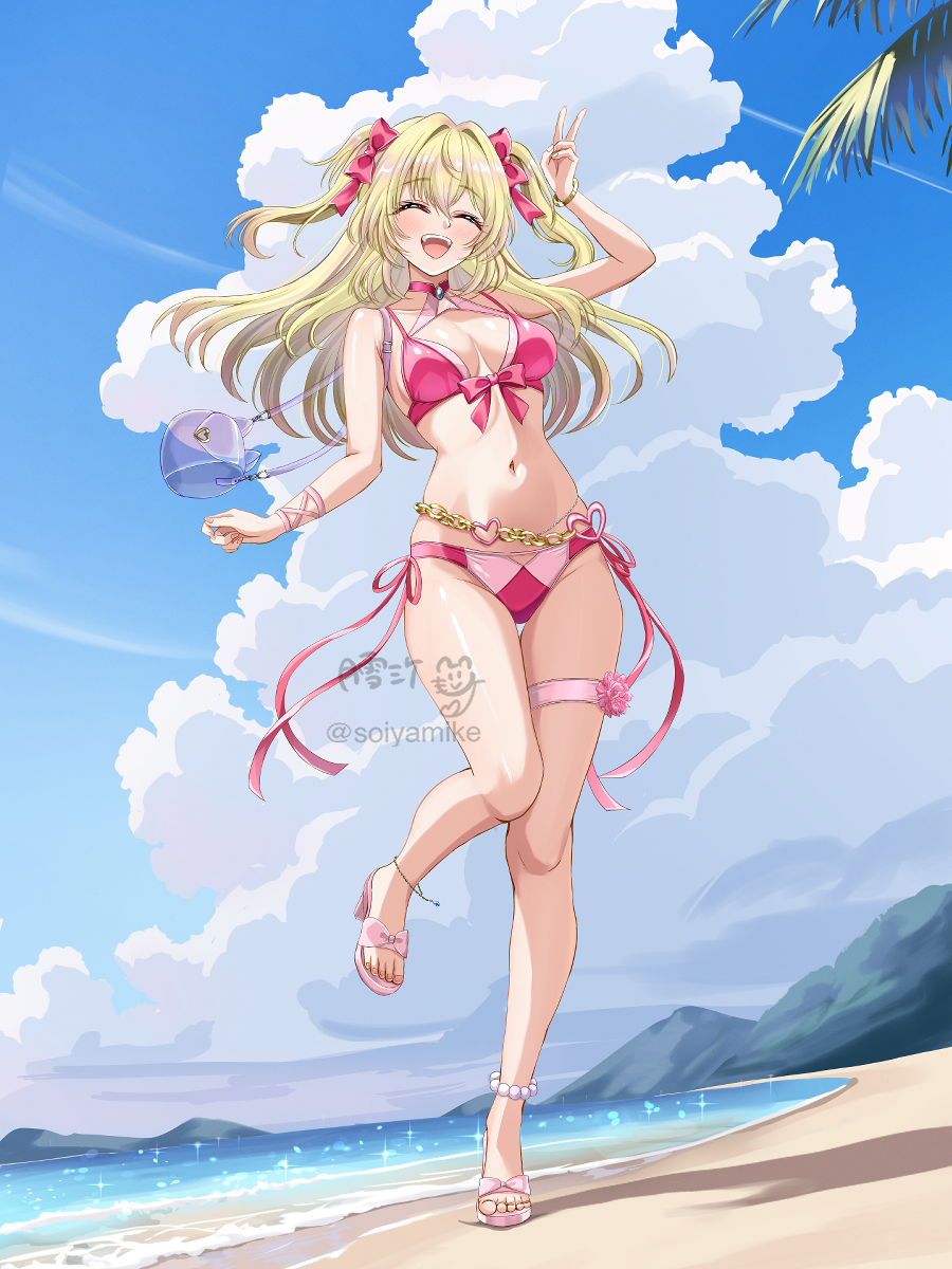 1girl arm_up beach bikini blonde_hair blush bracelet breasts choker closed_eyes cloud front-tie_bikini_top front-tie_top full_body highres jewelry large_breasts navel ocean open_mouth outdoors pink_bikini pink_choker sandals side-tie_bikini_bottom smile solo swimsuit thigh_strap tsukiyuki_mike twintails v