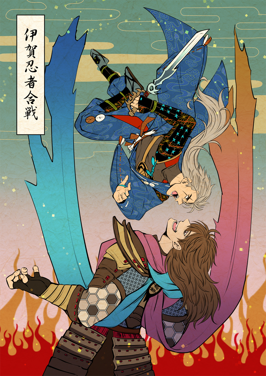 armor brown_hair fine_art_parody fire hattori_hanzo highres japanese_clothes japanese_text kimono nihonga ninjatou parody scar scarf sengoku_musou sengoku_musou_5 short_sword sword ukiyo-e weapon white_hair