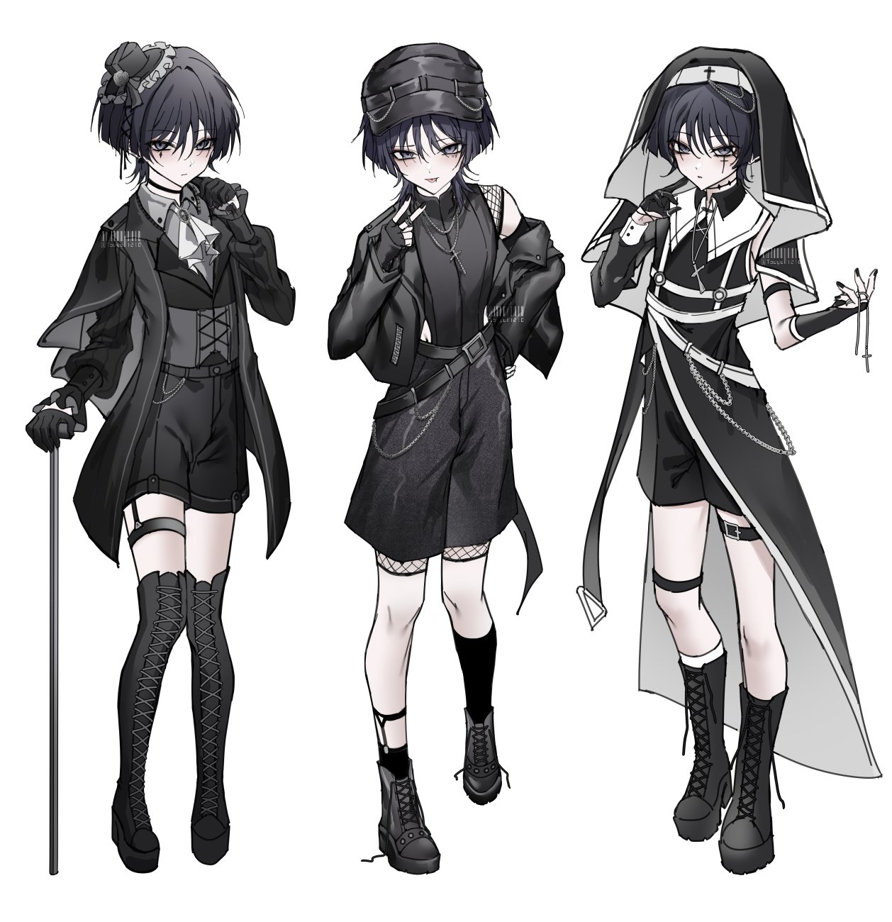 1boy androgynous ankle_boots arm_at_side ascot asymmetrical_legwear belt black_capelet black_choker black_coat black_footwear black_gloves black_hair black_hat black_jacket black_nails black_shorts black_sleeves black_socks black_veil boots bow cane capelet choker clenched_hand closed_mouth coat coif collared_shirt cross cross-laced_footwear cross_necklace cross_print crotch eye_piercing eyeshadow face_piercing fingerless_gloves fishnet_top fishnets flower frilled_hat frilled_sleeves frills front_slit full_body garter_belt genshin_impact gloves goth_fashion grey_bow grey_brooch grey_capelet grey_eyes grey_eyeshadow grey_flower grey_footwear grey_rose grey_shirt grey_undershirt guimpe habit hand_up hat hat_bow hat_flower highres hip_vent holding holding_cane jacket jewelry knee_boots kneehighs lapels long_sleeves looking_at_viewer makeup mandarin_collar mini_hat mouth_piercing multiple_views necklace open_clothes open_jacket pale_skin peaked_cap piercing puritan_collar rose scaramouche_(genshin_impact) shirt shorts single_glove single_off_shoulder single_sleeve sleeveless sleeveless_coat socks suit_jacket thigh_belt thigh_boots thigh_strap tongue tongue_out touyu_1210 tsurime two-sided_capelet two-sided_veil veil watermark white_ascot white_background white_sleeve_cuffs white_socks white_veil