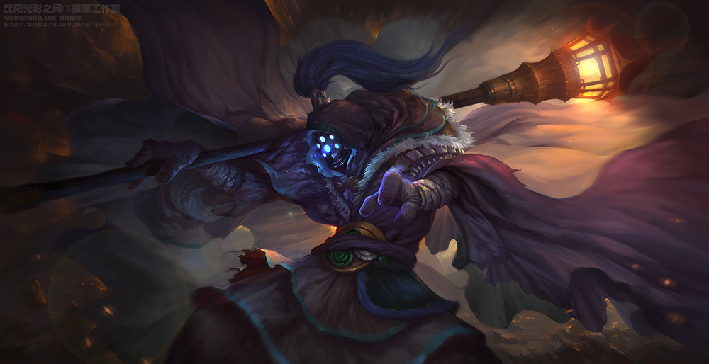 1boy bad_id bad_pixiv_id bandages bandaged_arm bandaged_hand bandages belt blue_eyes cape embers fingernails fur_trim futoshi_(tekidai) glowing glowing_eyes holding holding_weapon hood hood_up jax_(league_of_legends) lamppost league_of_legends male_focus mask over_shoulder purple_cape rock solo torn_clothes weapon weapon_over_shoulder