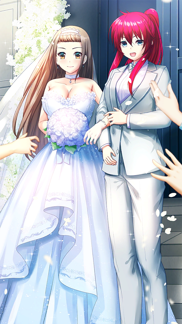 2girls :d blue_eyes bouquet bow bowtie brown_eyes brown_hair closed_mouth couple doukyuusei_(series) doukyuusei_2 doukyuusei_another_world dress earrings female_focus flower formal_clothes game_cg gloves holding holding_bouquet jacket jewelry layered_dress locked_arms long_hair long_sleeves minamikawa_youko mizuno_tomomi multiple_girls no_eyewear official_art open_mouth pants petals ponytail red_hair shirt smile sparkle standing strapless strapless_dress suit very_long_hair wedding wedding_dress white_bow white_bowtie white_dress white_gloves white_jacket white_pants white_shirt wife_and_wife yuri