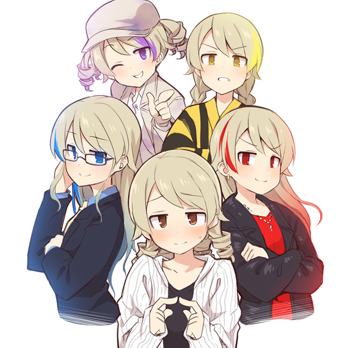 &gt;:) 5girls baseball_cap black-framed_eyewear black_jacket black_shirt blonde_hair blue_eyes blue_hair blush brown_eyes brown_hair brown_headwear brown_jacket closed_mouth cosplay cropped_torso crossed_arms glasses hair_between_eyes hand_up hat idolmaster idolmaster_cinderella_girls index_fingers_together jacket jewelry kamen_rider kamen_rider_den-o_(series) kintaros long_hair long_sleeves looking_at_viewer momotaros morikubo_nono multicolored_hair multiple_girls multiple_persona nogami_ryoutarou nogami_ryoutarou_(cosplay) one_eye_closed pendant possessed possession purple_eyes purple_hair red_eyes red_shirt revision ryutaros shirt simple_background smile streaked_hair striped translation_request uccow upper_body urataros v-shaped_eyebrows vertical_stripes very_long_hair white_background white_jacket white_shirt